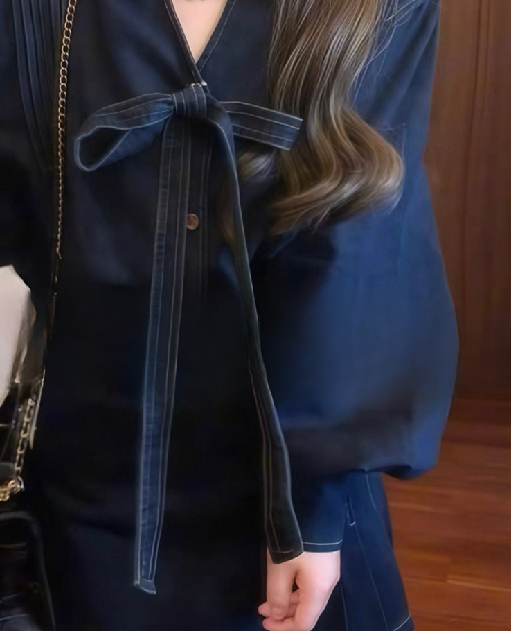 Denim Ribbon Flare One-Pierce / デニムリボンフレアワンピース TR-10847
