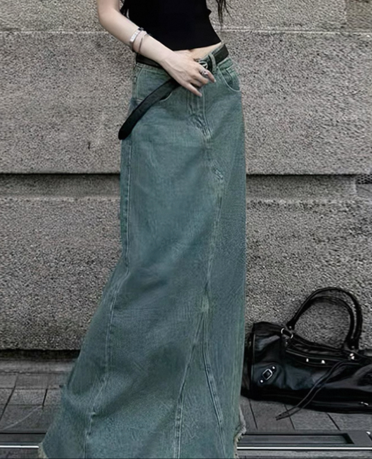 Denim flare fringe long skirt / デニムフレアフリンジロングスカート TR-10873