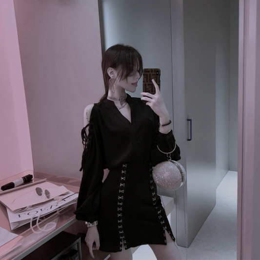 Drawstring V-neck tops / ドローストリングVネックトップス TR-10412