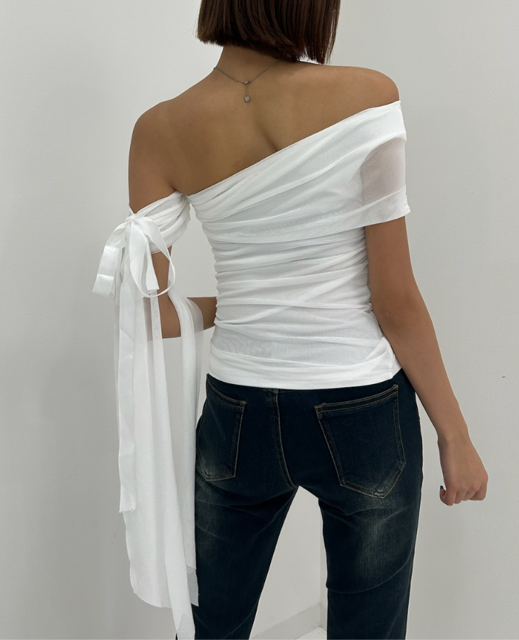 Off-shoulder ribbon shear tops / オフショルダーリボンシアートップス TR-10895