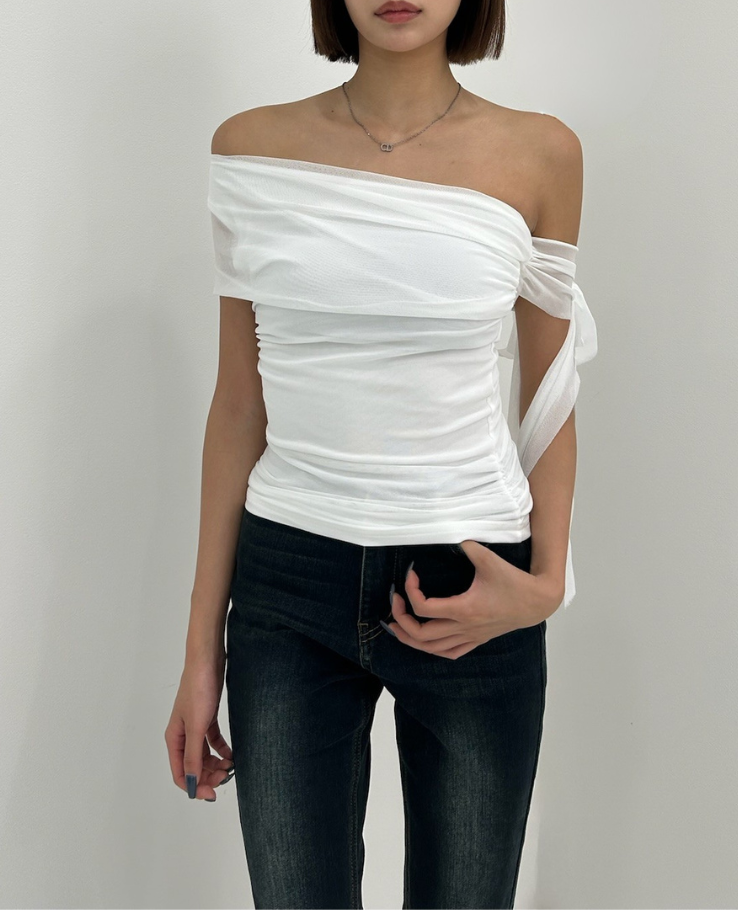 Off-shoulder ribbon shear tops / オフショルダーリボンシアートップス TR-10895