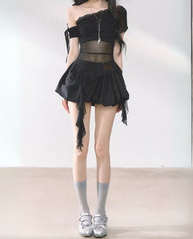 Knit Ribbon Sheer Frill Top / ニットリボンシアーフリルトップス TR-10917