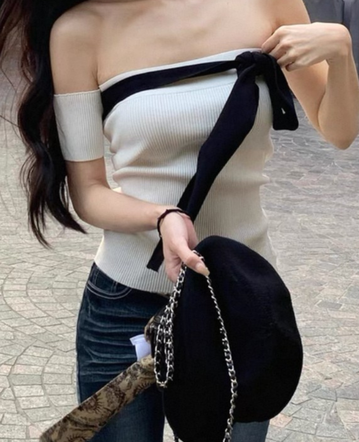Off-Shoulder Knit Ribbon Tops / オフショルダーニットリボントップスTR-10902
