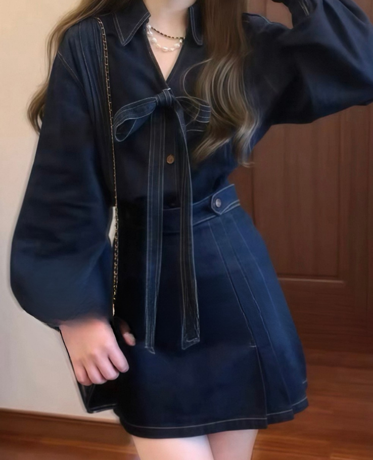 Denim Ribbon Flare One-Pierce / デニムリボンフレアワンピース TR-10847
