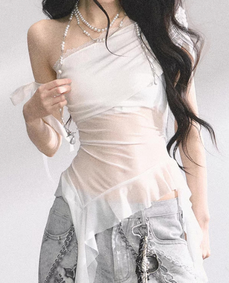 Knit Ribbon Sheer Frill Top / ニットリボンシアーフリルトップス TR-10917