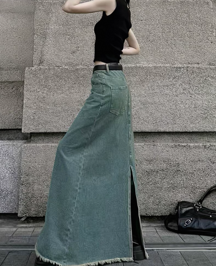 Denim flare fringe long skirt / デニムフレアフリンジロングスカート TR-10873