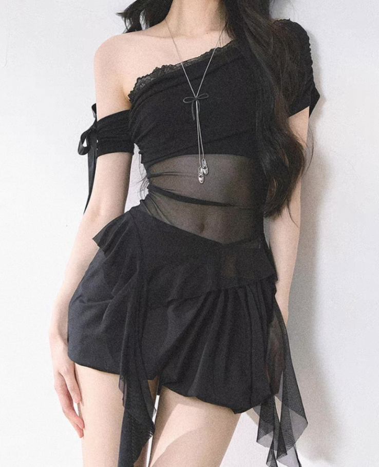 Knit Ribbon Sheer Frill Top / ニットリボンシアーフリルトップス TR-10917