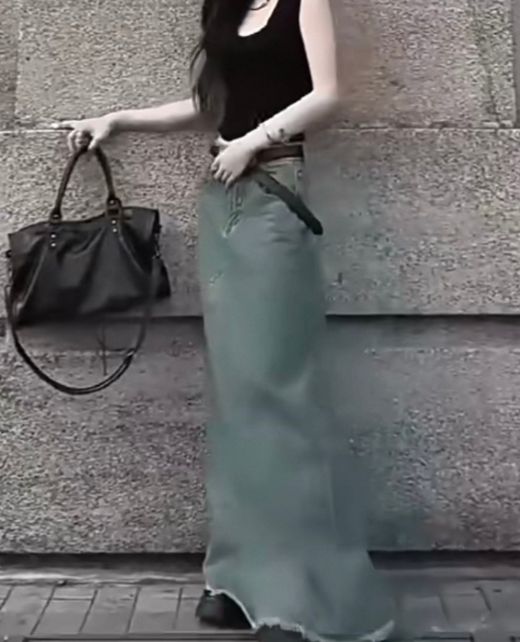 Denim flare fringe long skirt / デニムフレアフリンジロングスカート TR-10873