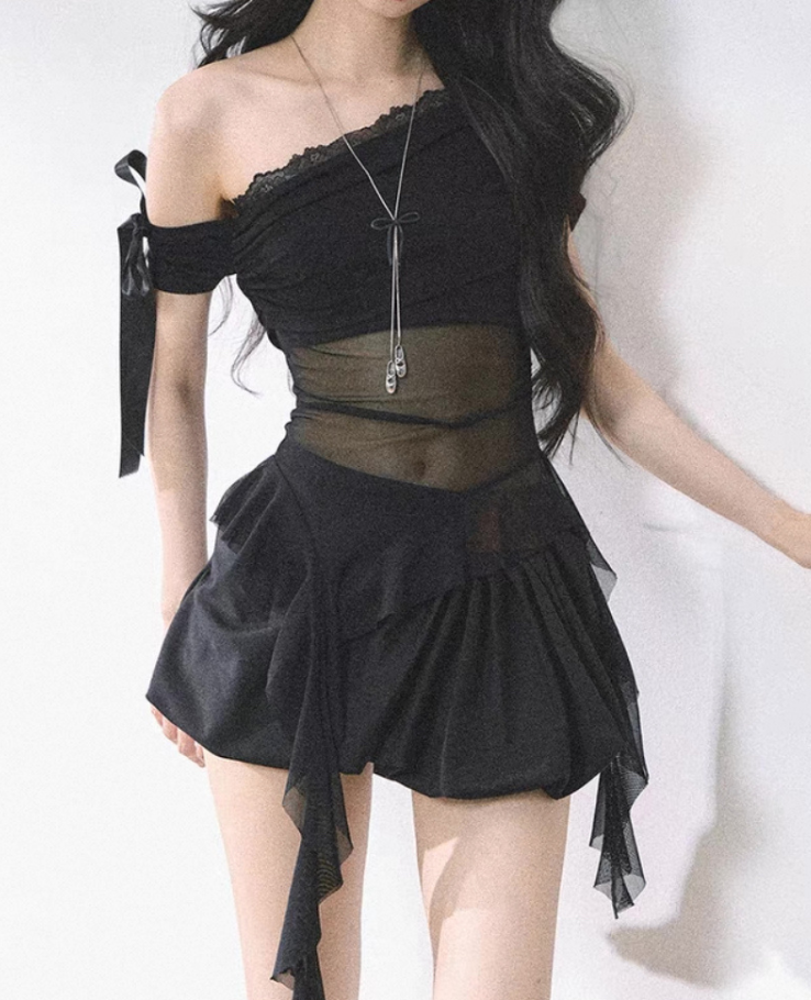 Knit Ribbon Sheer Frill Top / ニットリボンシアーフリルトップス TR-10917