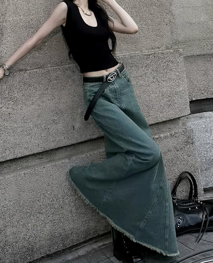 Denim flare fringe long skirt / デニムフレアフリンジロングスカート TR-10873