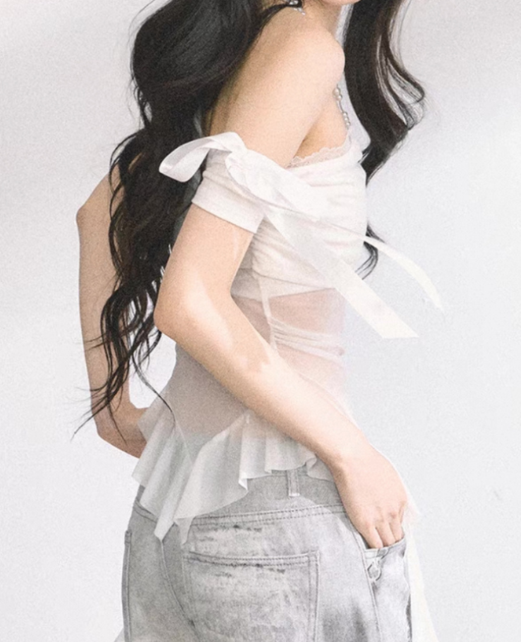 Knit Ribbon Sheer Frill Top / ニットリボンシアーフリルトップス TR-10917