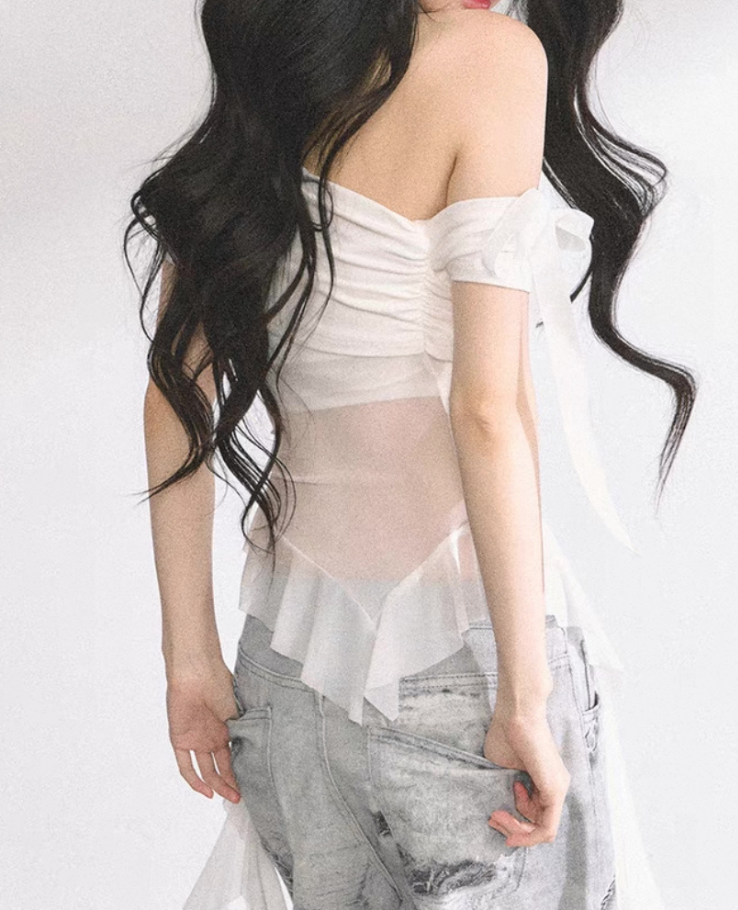 Knit Ribbon Sheer Frill Top / ニットリボンシアーフリルトップス TR-10917