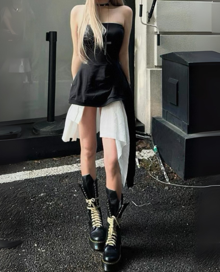 Off-shoulder docking frill monotone dress / オフショルダードッキングフリルモノトーンワンピース TR-10907