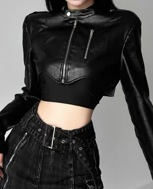 Crop leather neck jacket / クロップレザーネックジャケット TR-10723