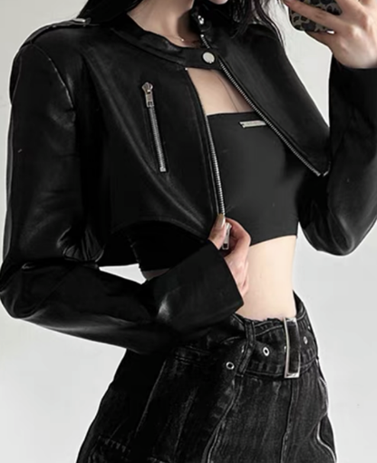 Crop leather neck jacket / クロップレザーネックジャケット TR-10723