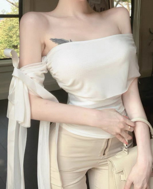 Off-shoulder ribbon shear tops / オフショルダーリボンシアートップス TR-10895
