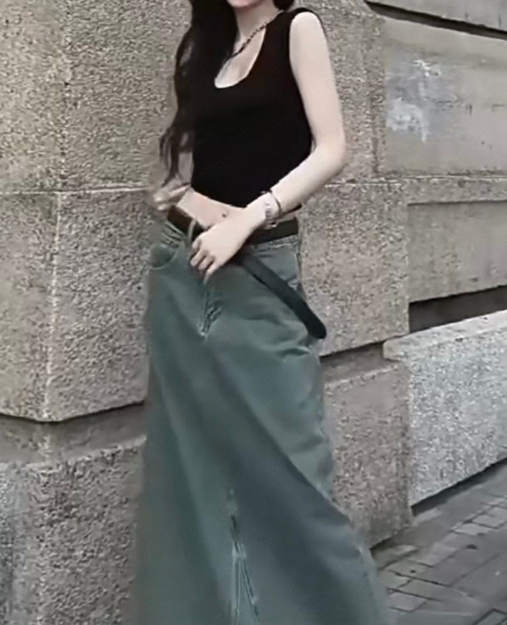 Denim flare fringe long skirt / デニムフレアフリンジロングスカート TR-10873