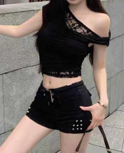 Lace Docking One-Shoulder T-shirt / レースドッキングワンショルダーTシャツ TR-10877
