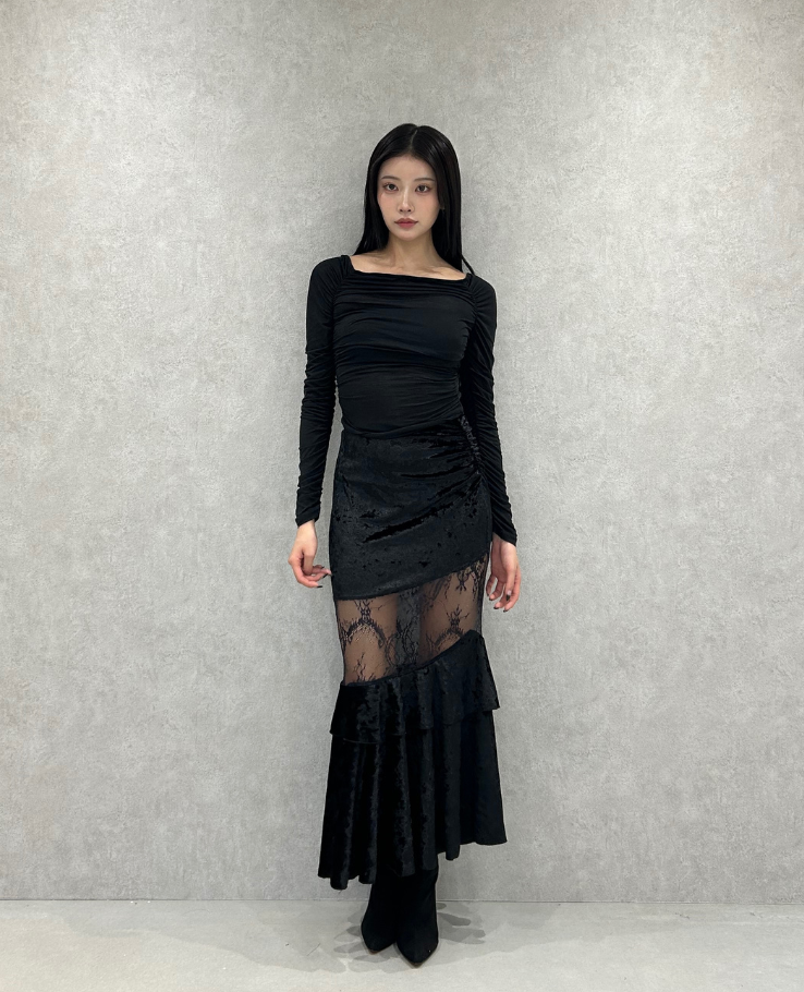 Veloa Lace Docking Long Skirt /ベロアレースドッキングロングスカート TR-10949
