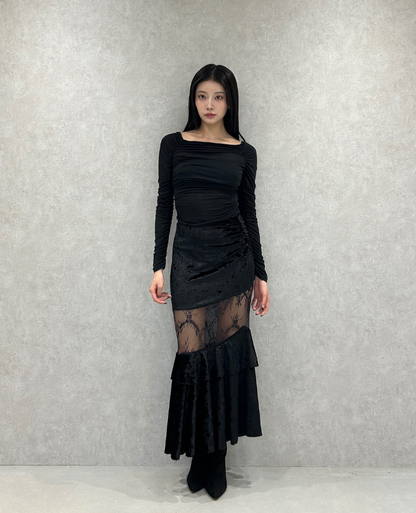 Veloa Lace Docking Long Skirt /ベロアレースドッキングロングスカート TR-10949