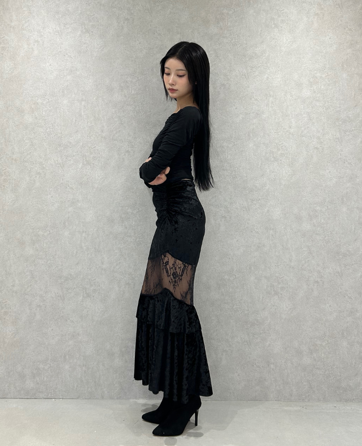 Veloa Lace Docking Long Skirt /ベロアレースドッキングロングスカート TR-10949
