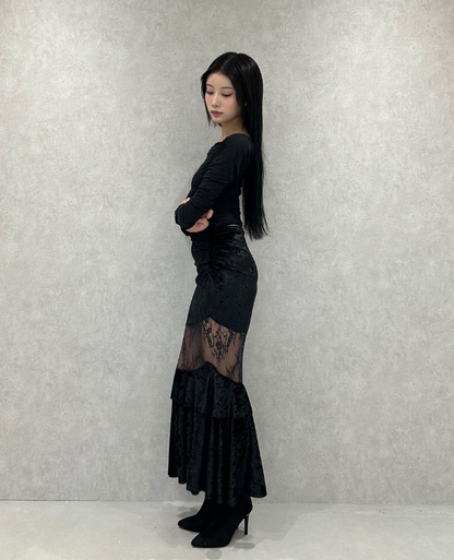 Veloa Lace Docking Long Skirt /ベロアレースドッキングロングスカート TR-10949