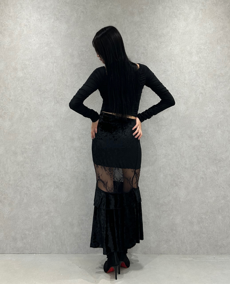 Veloa Lace Docking Long Skirt /ベロアレースドッキングロングスカート TR-10949
