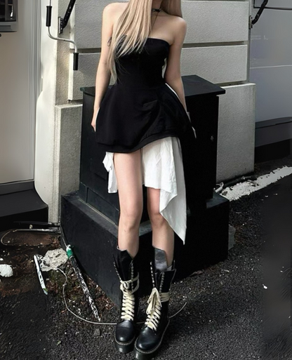 Off-shoulder docking frill monotone dress / オフショルダー