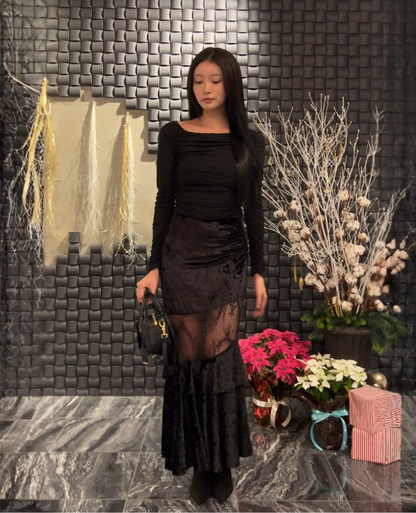 Veloa Lace Docking Long Skirt /ベロアレースドッキングロングスカート TR-10949