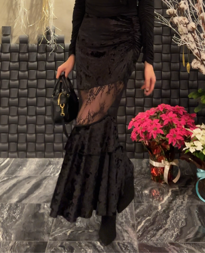 Veloa Lace Docking Long Skirt /ベロアレースドッキングロングスカート TR-10949