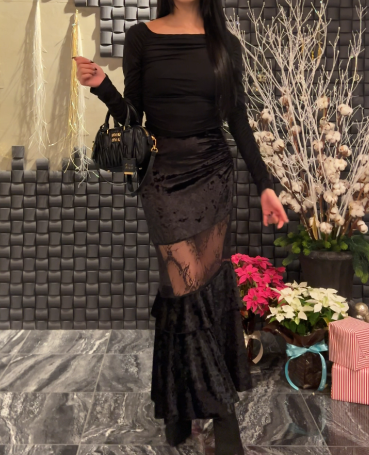 Veloa Lace Docking Long Skirt /ベロアレースドッキングロングスカート TR-10949