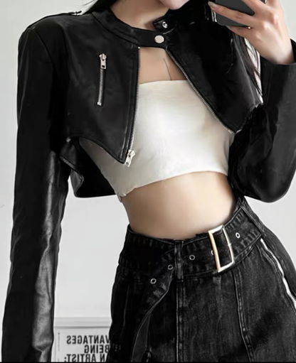 Crop leather neck jacket / クロップレザーネックジャケット TR-10723