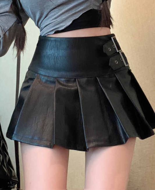 [9/24販売開始]Leather belt pleated miniskirt /レザーベルトプリーツミニスカート TR-10702