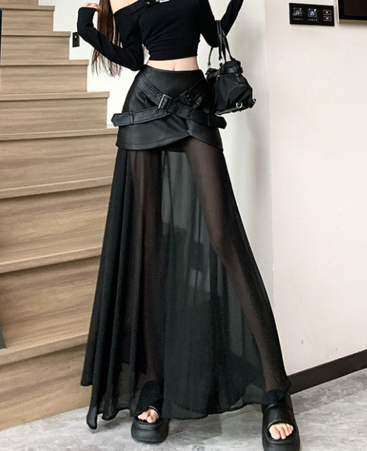 Leather Double Belt Shear Long Skirt / レザーダブルベルトシアーロングスカート TR-10732