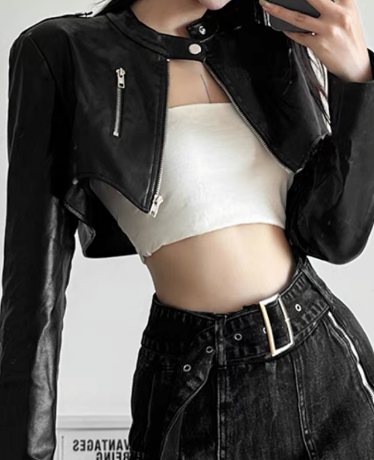 Crop leather neck jacket / クロップレザーネックジャケット TR-10723