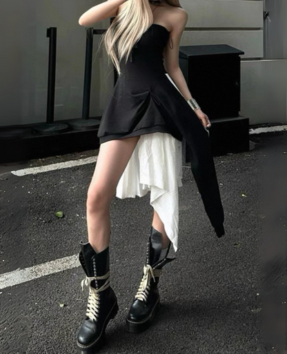 Off-shoulder docking frill monotone dress / オフショルダー
