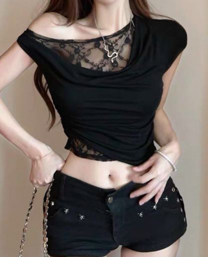Lace Docking One-Shoulder T-shirt / レースドッキングワンショルダーTシャツ TR-10877