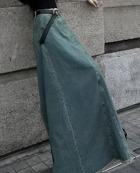 Denim flare fringe long skirt / デニムフレアフリンジロングスカート TR-10873