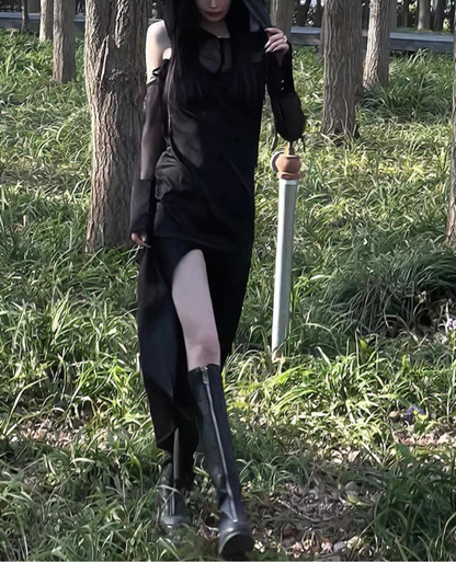 sleeve hoodie ribbon shear dress /スリーブフーディーリボンシアーワンピース TR-10858