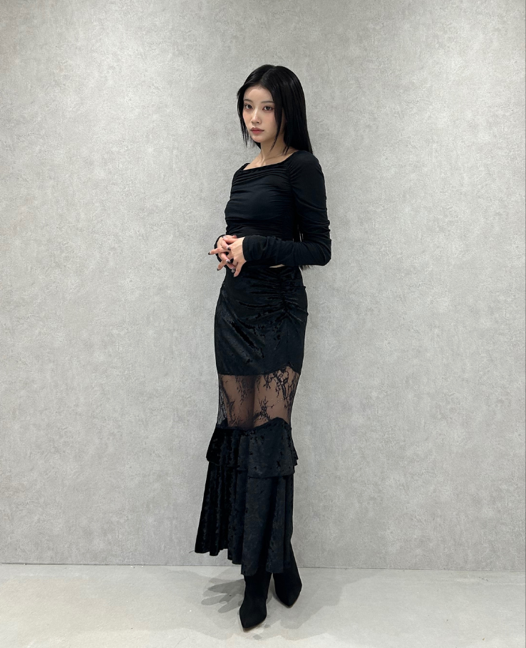 Veloa Lace Docking Long Skirt /ベロアレースドッキングロングスカート TR-10949